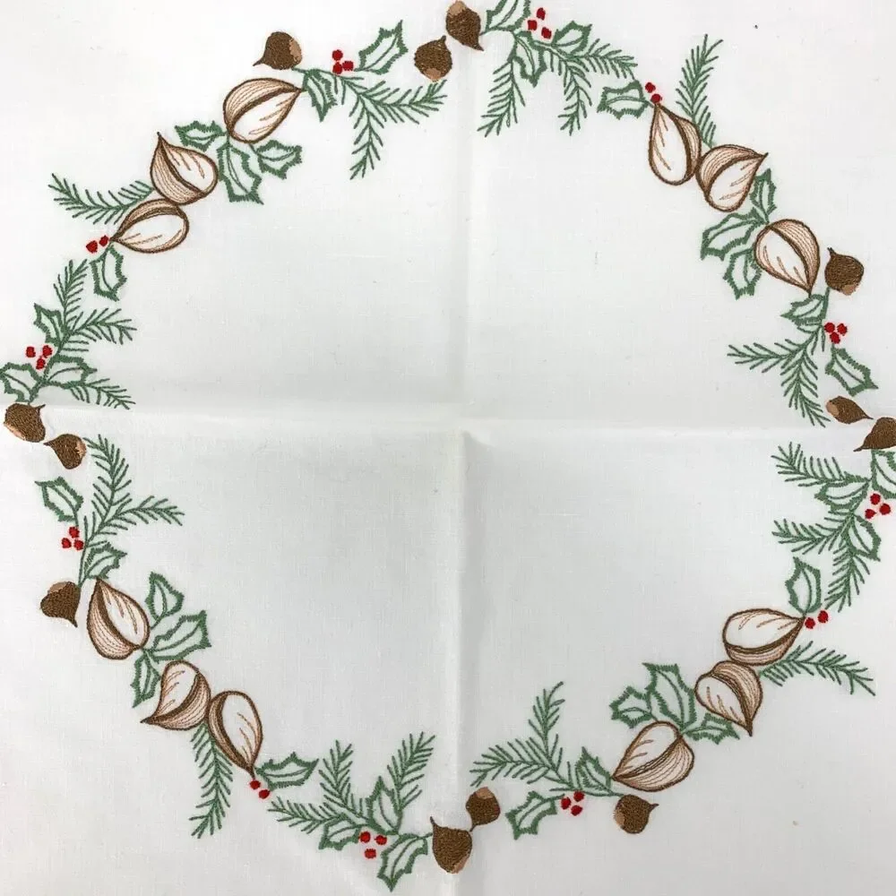 Vintage Embroidered Hand Made Table Square Fall Winter Theme Scalloped Edge